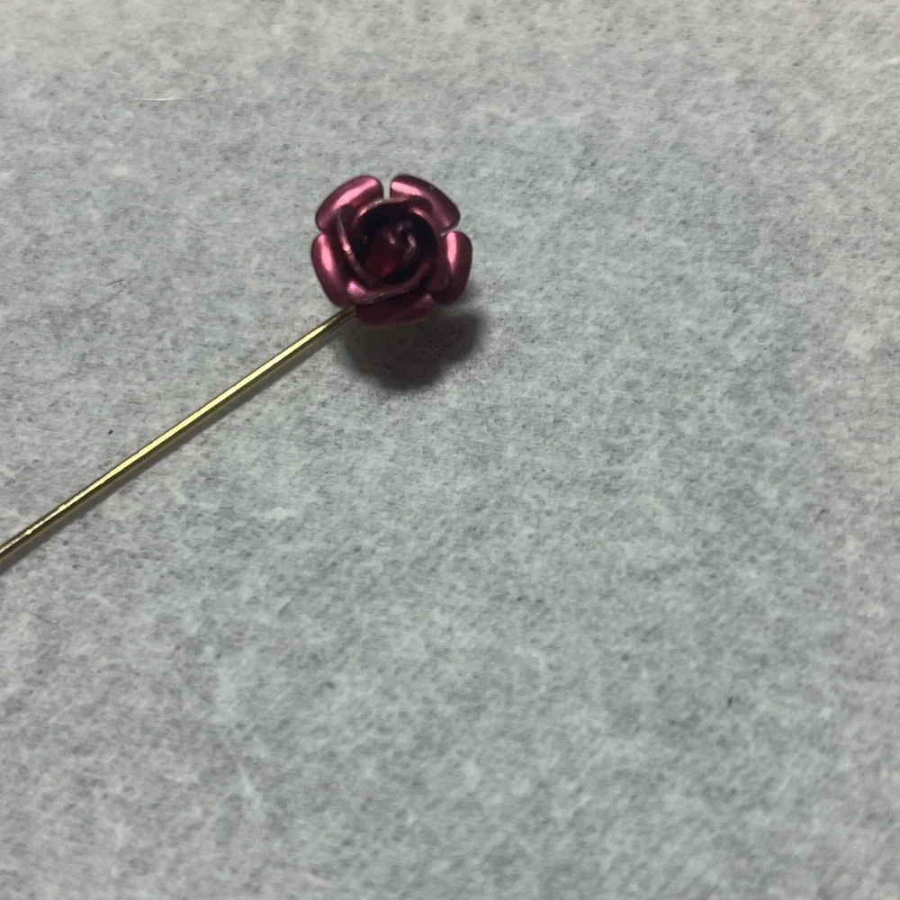 Vintage Stick Pin Red Rose Flower Gold Tone Lapel Hat Brooch Estate Jewelry 2.5